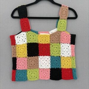 WoWo Top Women XL Tank Multicolored Crochet Granny Square Festival Boho Hippie